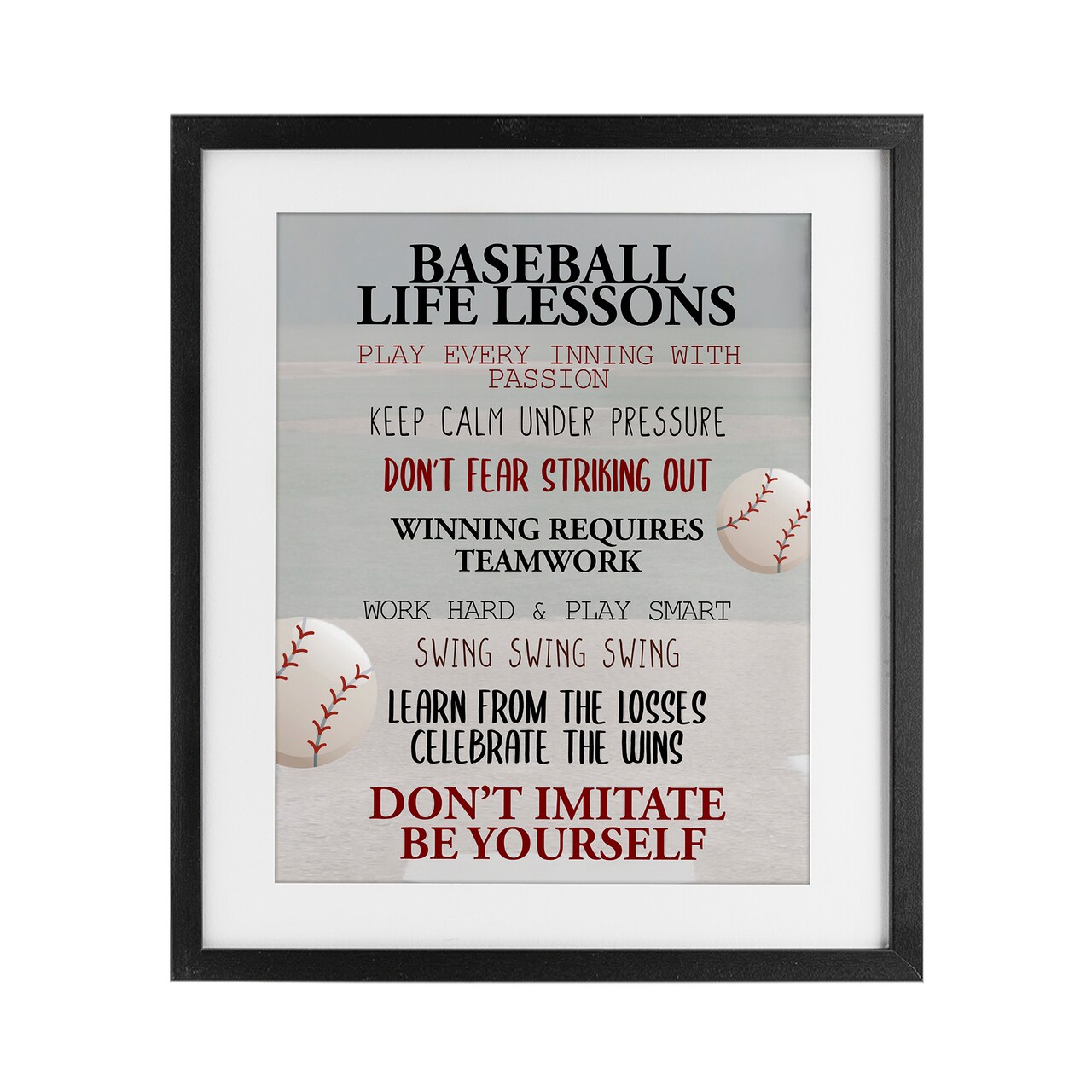 Stupell Industries Baseball Life Lessons Framed Print Under Glass, design by Kim Allen